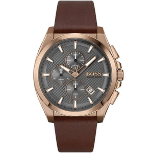 Hugo Boss Grandmaster 1513882 men's chronograph watch with rose gold case, grey textured dial, and brown leather strap