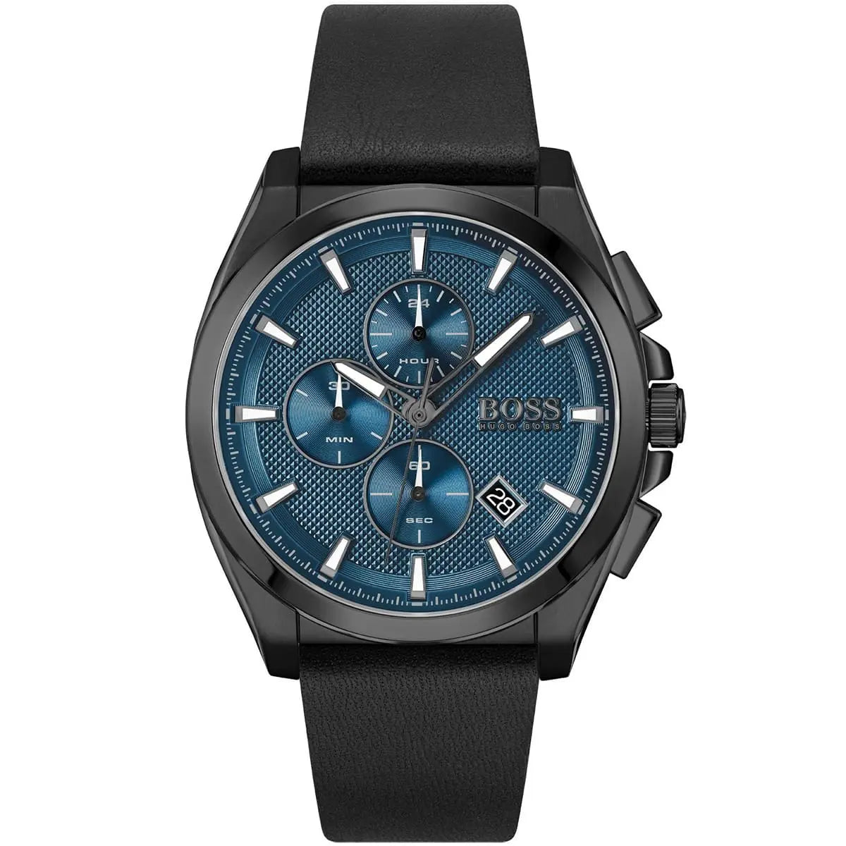Hugo Boss Grandmaster 1513883 men's watch with blue textured dial, black ion-plated case, black leather strap, and 50m water resistance main view