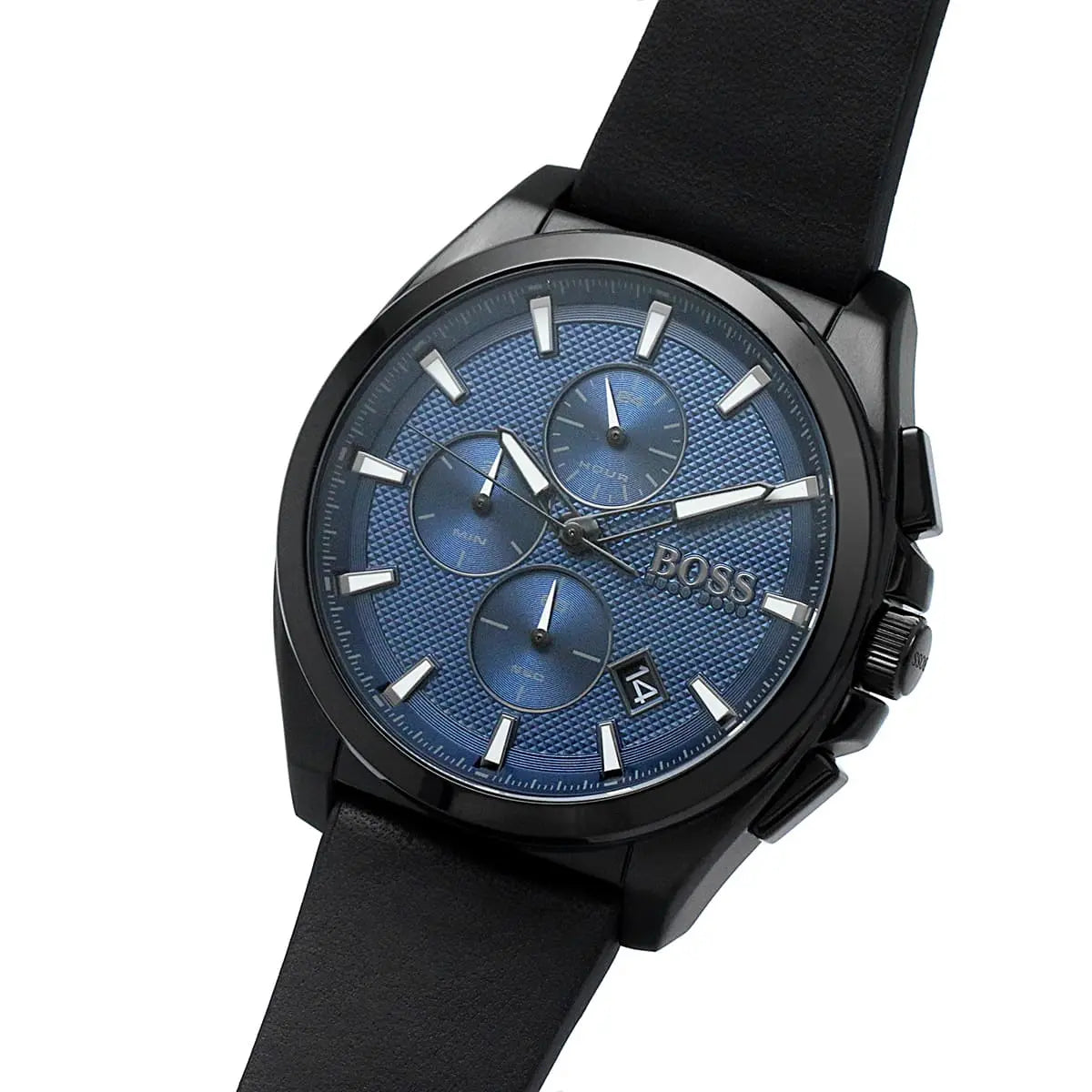 Left angled view of Hugo Boss Grandmaster 1513883 showing blue dial detail and black leather strap water resistant 50m
