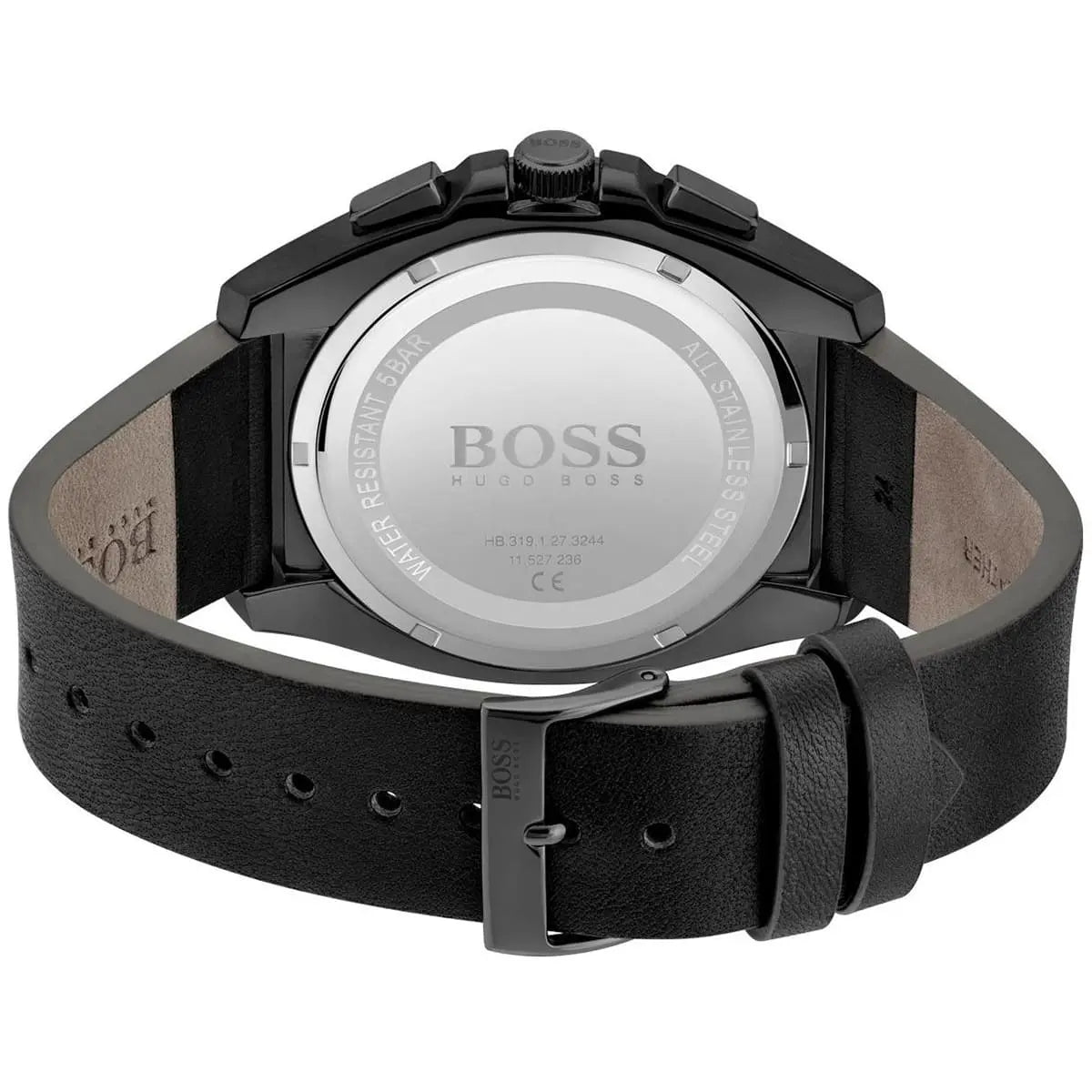 Caseback of Hugo Boss Grandmaster 1513883 showing technical specs blue dial and black leather strap 50m water resistance