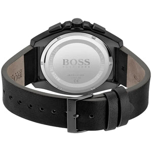 Caseback of Hugo Boss Grandmaster 1513883 showing technical specs blue dial and black leather strap 50m water resistance