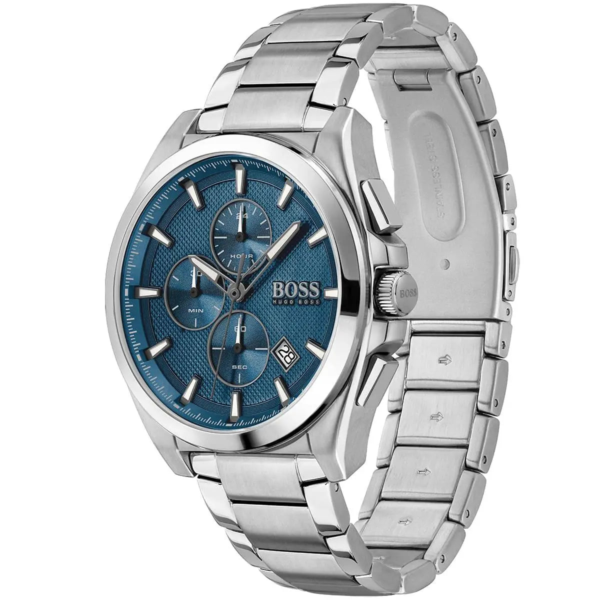 Left angled view of Hugo Boss Grandmaster 1513884 showing blue dial detail and silver link bracelet water resistant 50m