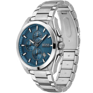Left angled view of Hugo Boss Grandmaster 1513884 showing blue dial detail and silver link bracelet water resistant 50m