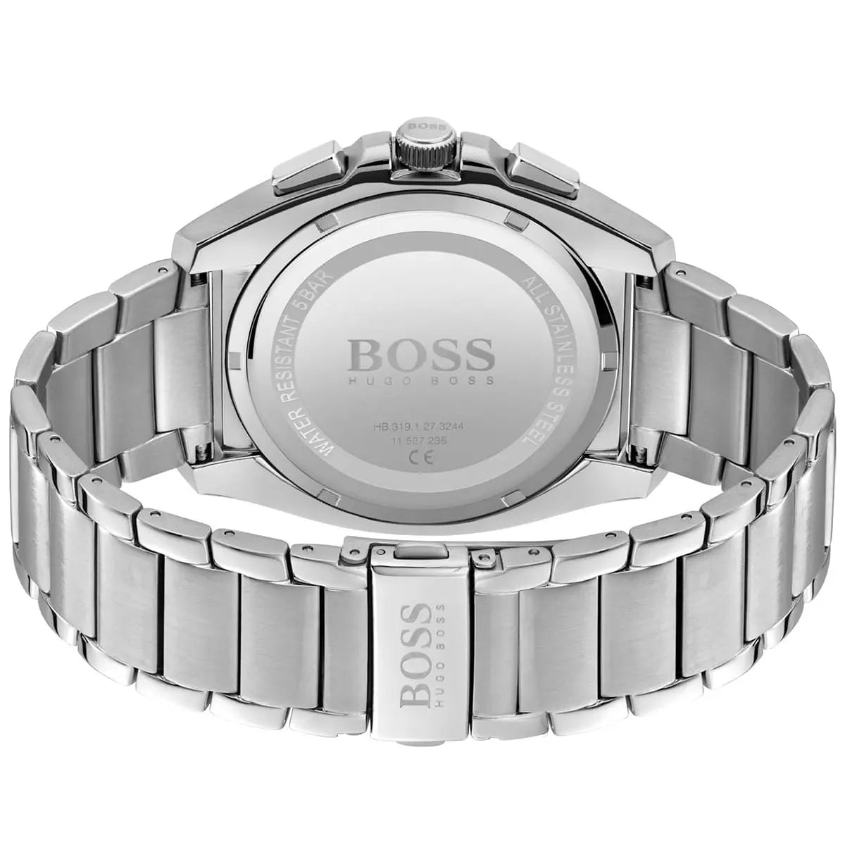 Caseback of Hugo Boss Grandmaster 1513884 showing technical specs blue dial and silver metal strap 50m water resistance