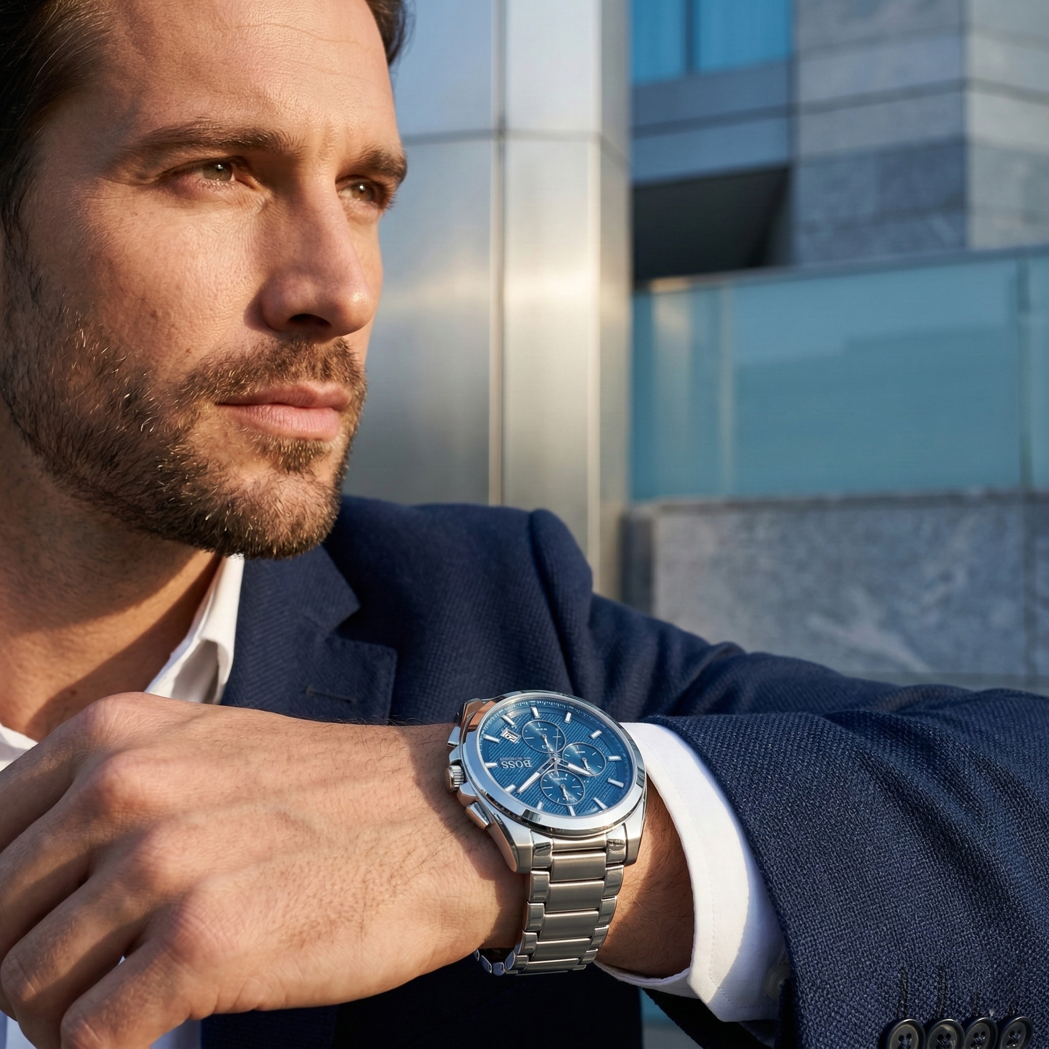 Professional leader wearing Hugo Boss Grandmaster 1513884 with blue dial and silver metal link strap water resistant 50m