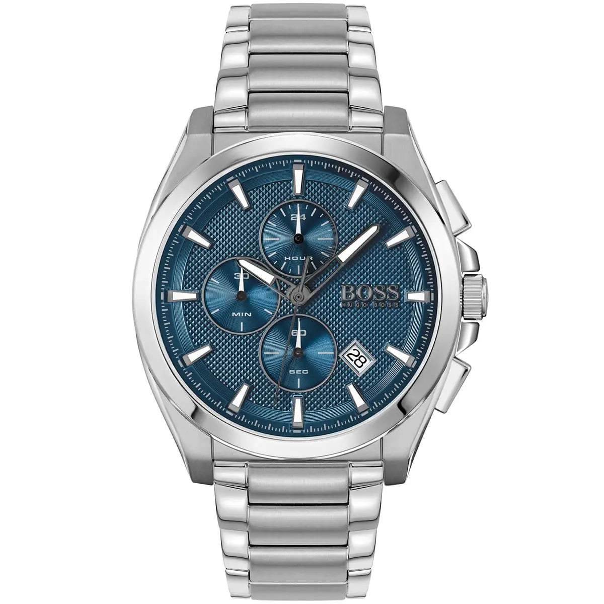 Hugo Boss Grandmaster 1513884 men's watch with blue dial, silver metal link strap, and 50m water resistance main view