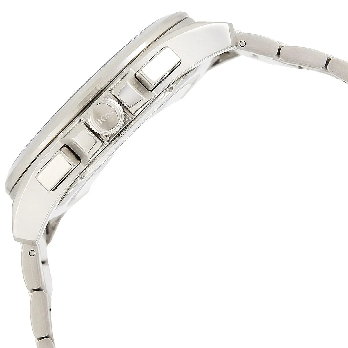 Side profile of Hugo Boss Grandmaster 1513884 showing 12mm thickness and silver finish with 50m water resistance