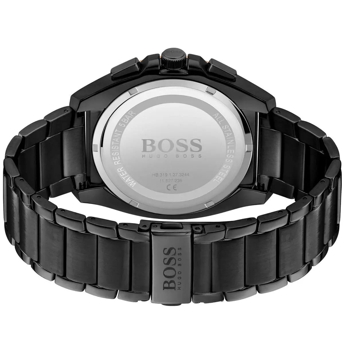 Grey ion-plated deployment clasp with engraved Boss logo on the bracelet of the 1513885