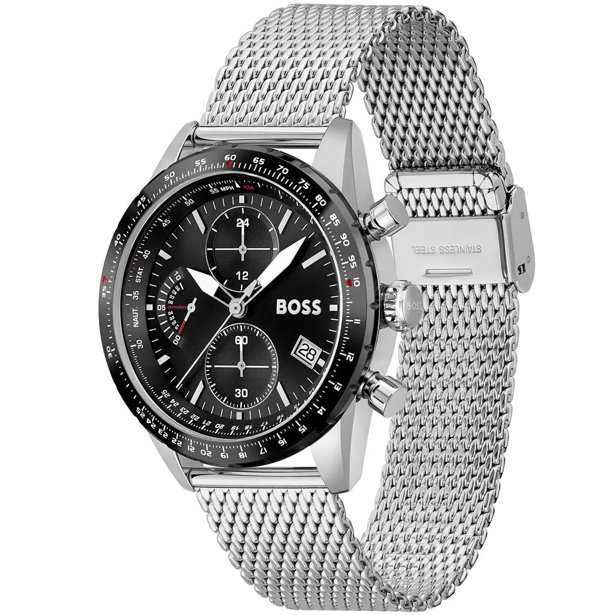 Left angled view of Hugo Boss Pilot Edition 1513886 showing black dial detail and silver mesh bracelet water resistant 50m
