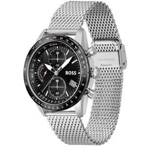 Left angled view of Hugo Boss Pilot Edition 1513886 showing black dial detail and silver mesh bracelet water resistant 50m