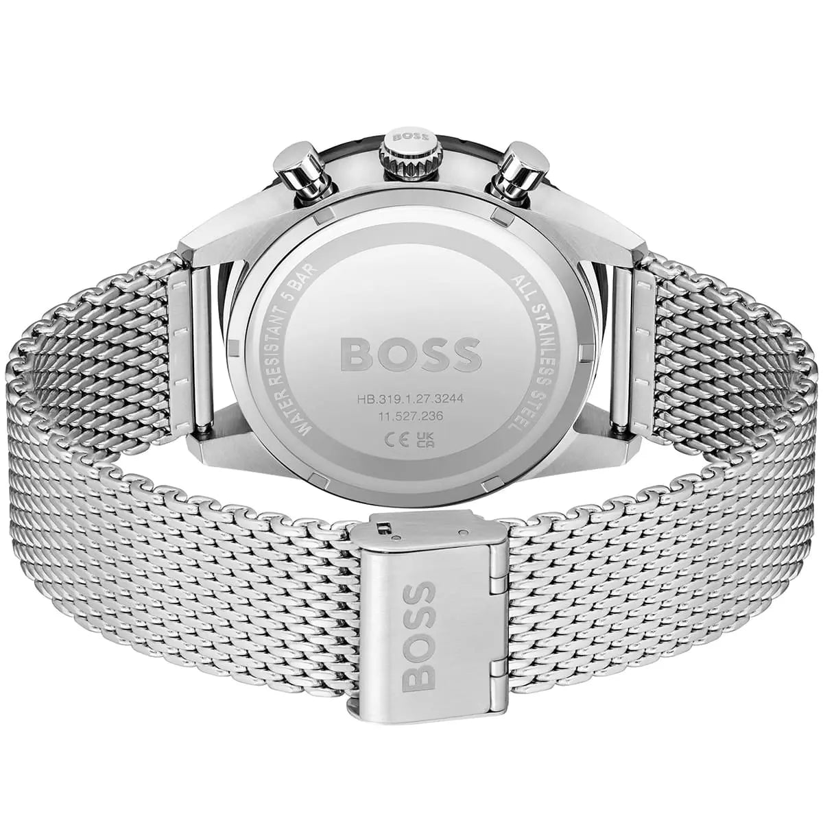 Caseback of Hugo Boss Pilot Edition 1513886 showing technical specs black dial and silver metal strap 50m water resistance