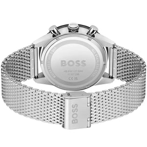 Caseback of Hugo Boss Pilot Edition 1513886 showing technical specs black dial and silver metal strap 50m water resistance
