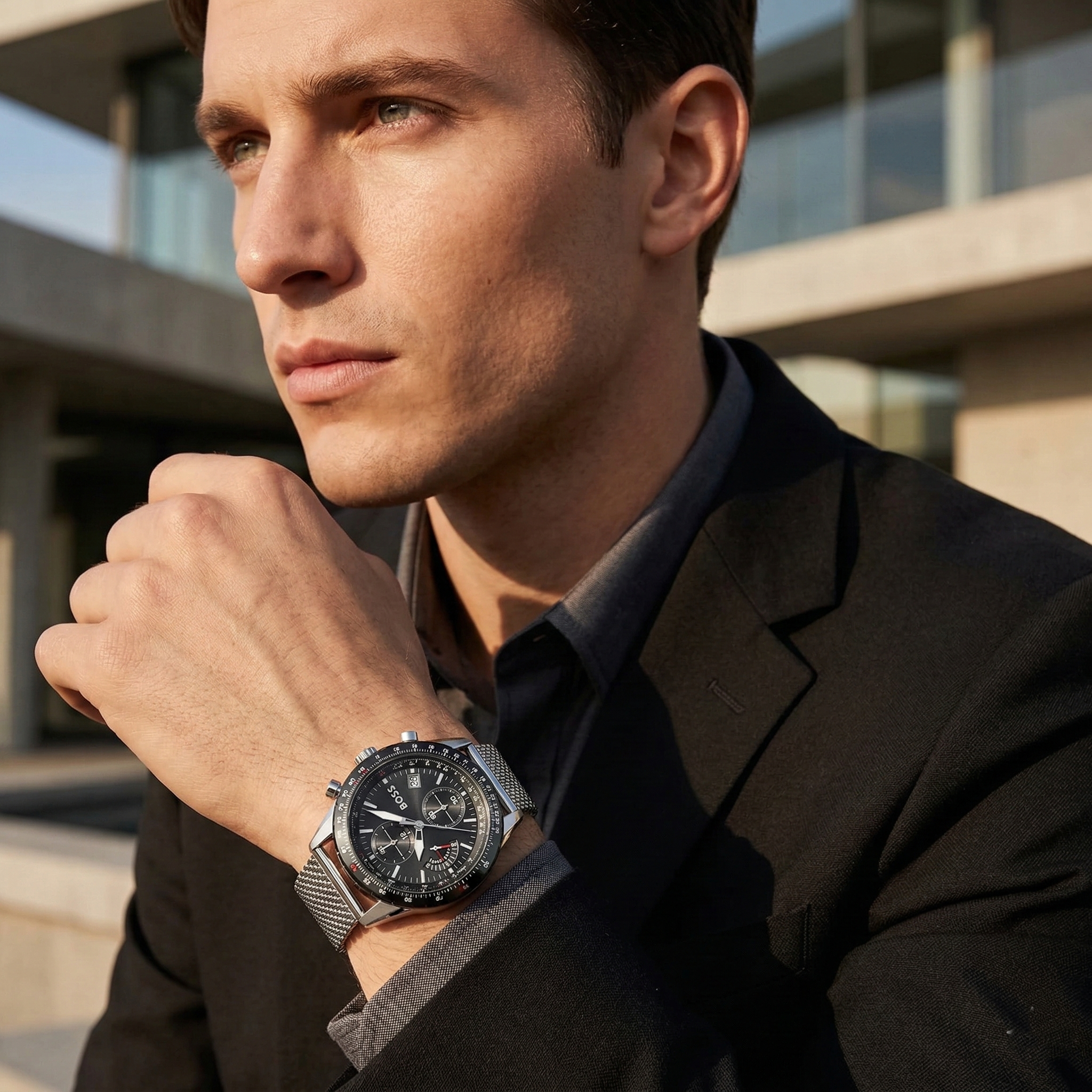 Professional man wearing Hugo Boss Pilot Edition 1513886 with black dial and silver metal mesh strap water resistant 50m