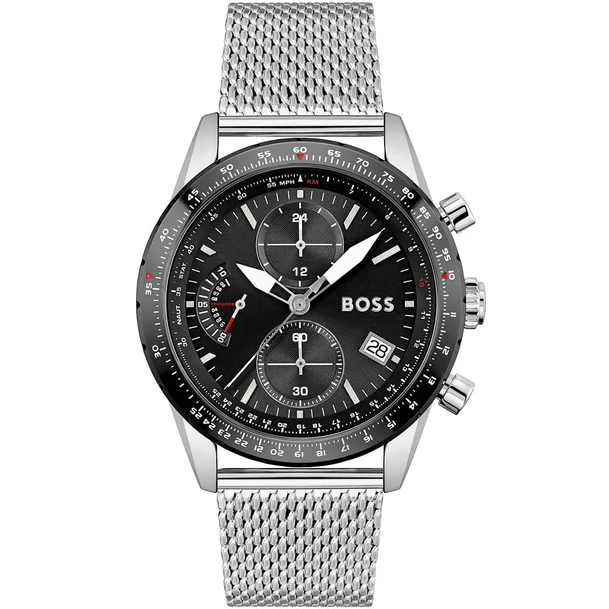 Hugo Boss Pilot Edition 1513886 men's watch with black dial, silver metal mesh strap, and 50m water resistance main view