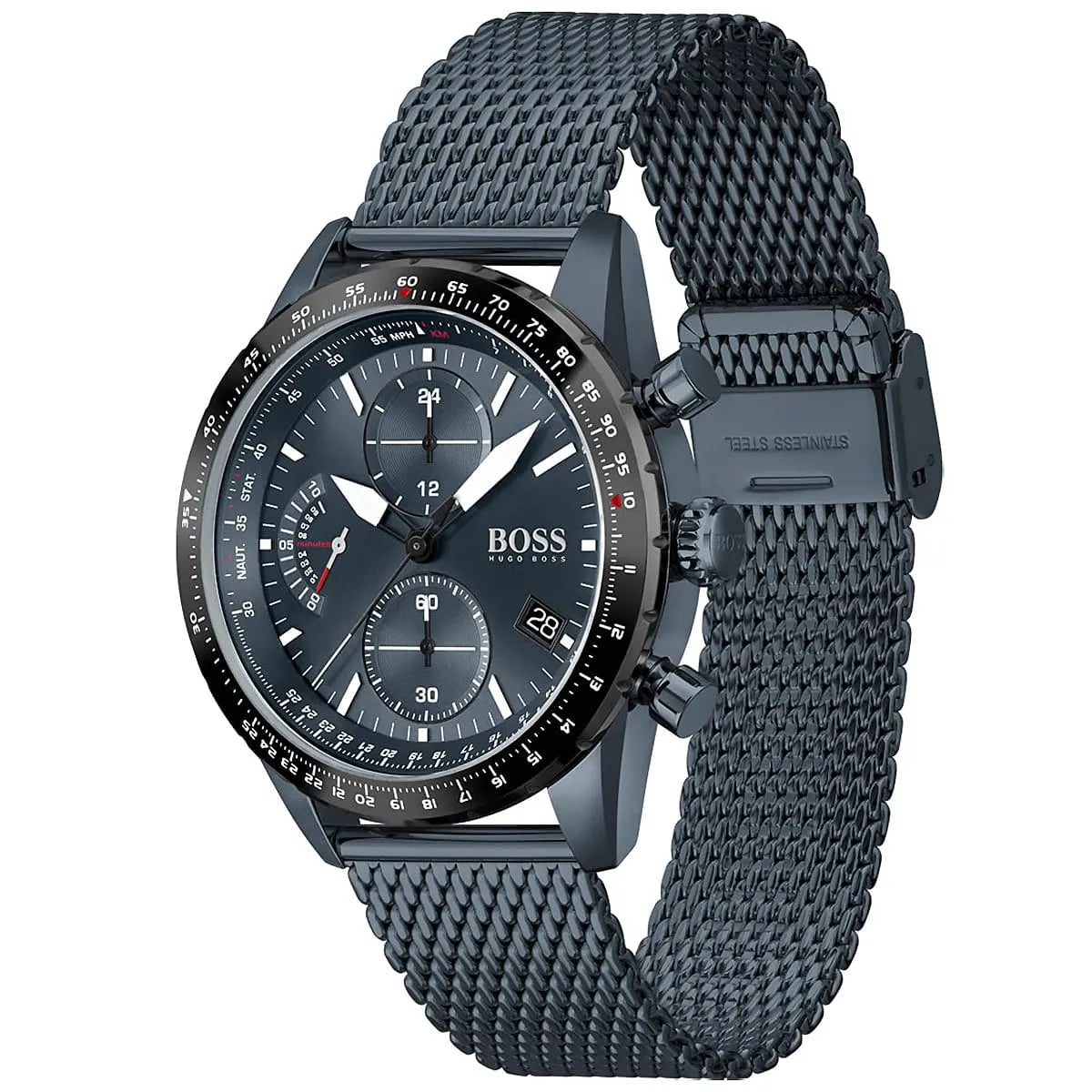 Left angled view of Hugo Boss Pilot Edition 1513887 showing blue dial detail and blue mesh bracelet water resistant 50m