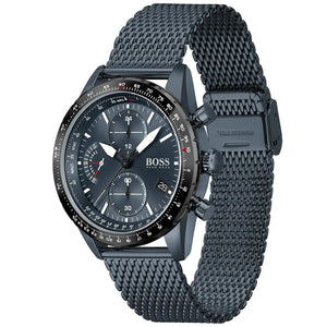 Left angled view of Hugo Boss Pilot Edition 1513887 showing blue dial detail and blue mesh bracelet water resistant 50m