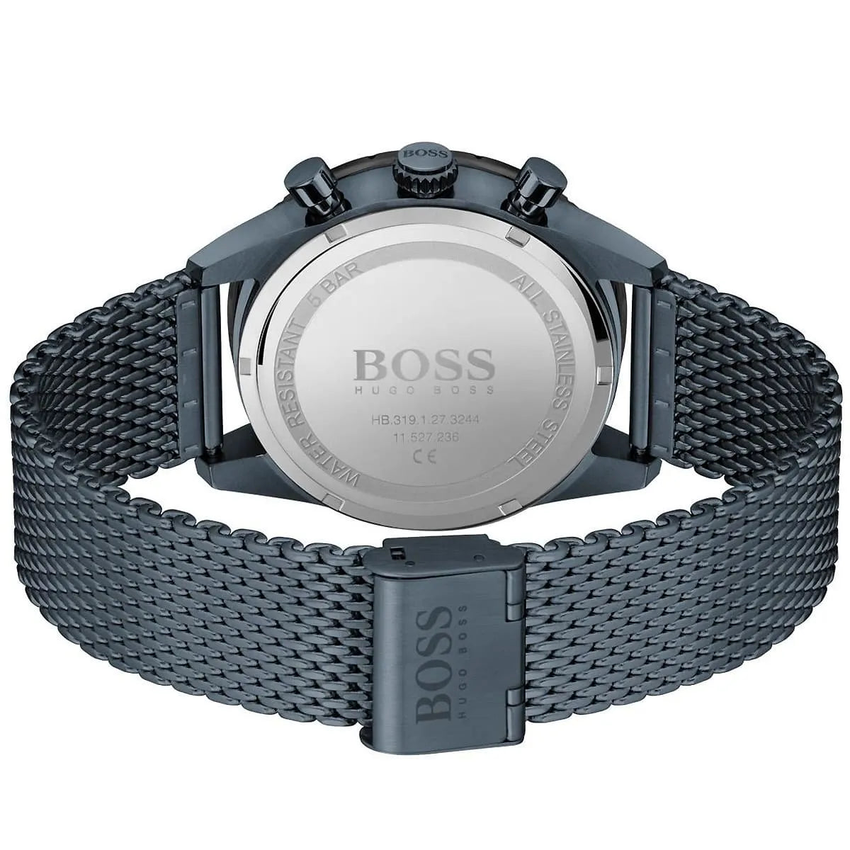 Caseback of Hugo Boss Pilot Edition 1513887 showing technical specs blue dial and blue metal strap 50m water resistance