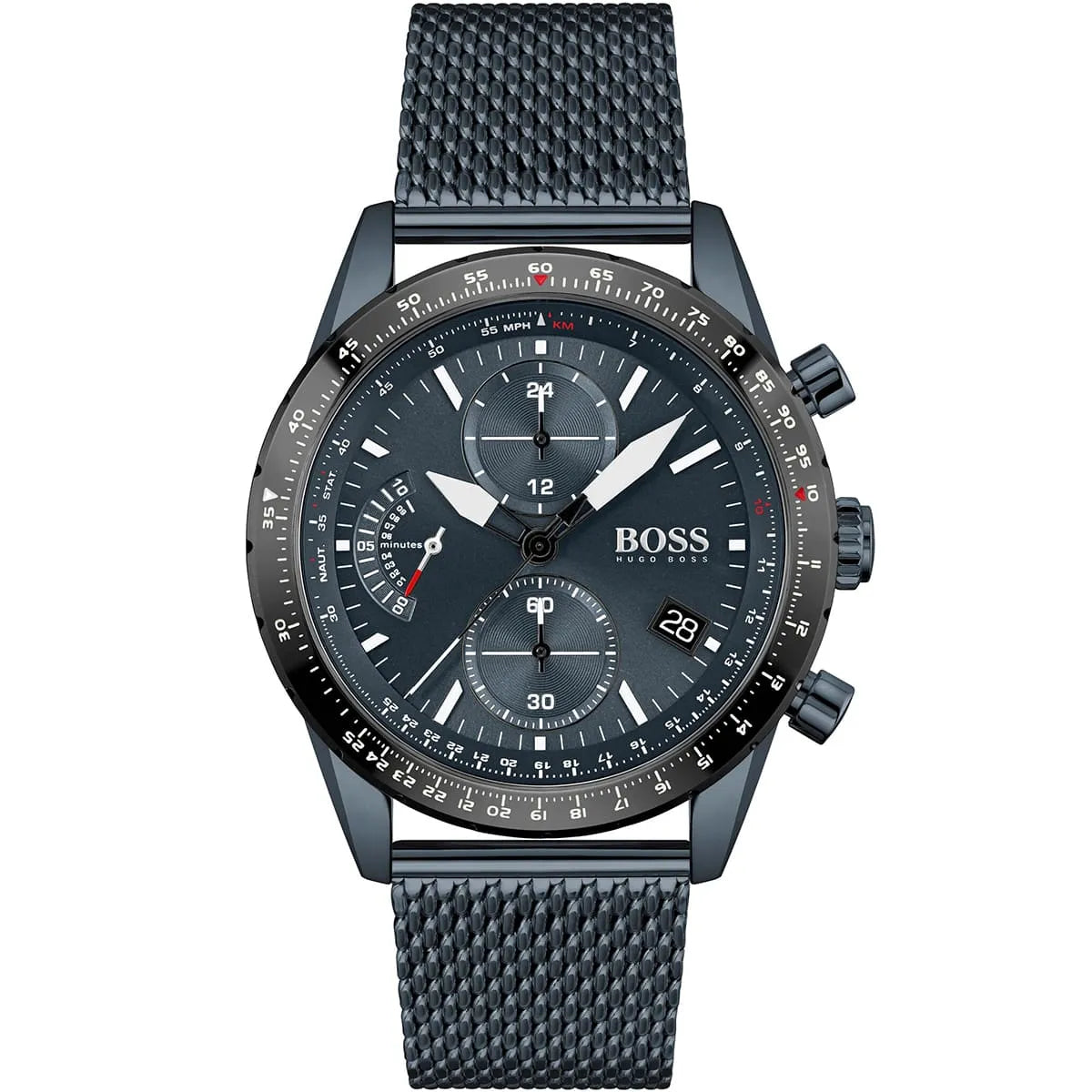 Hugo Boss Pilot Edition 1513887 men's watch with blue dial, blue metal mesh strap, and 50m water resistance main view
