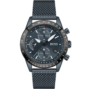 Hugo Boss Pilot Edition 1513887 men's watch with blue dial, blue metal mesh strap, and 50m water resistance main view