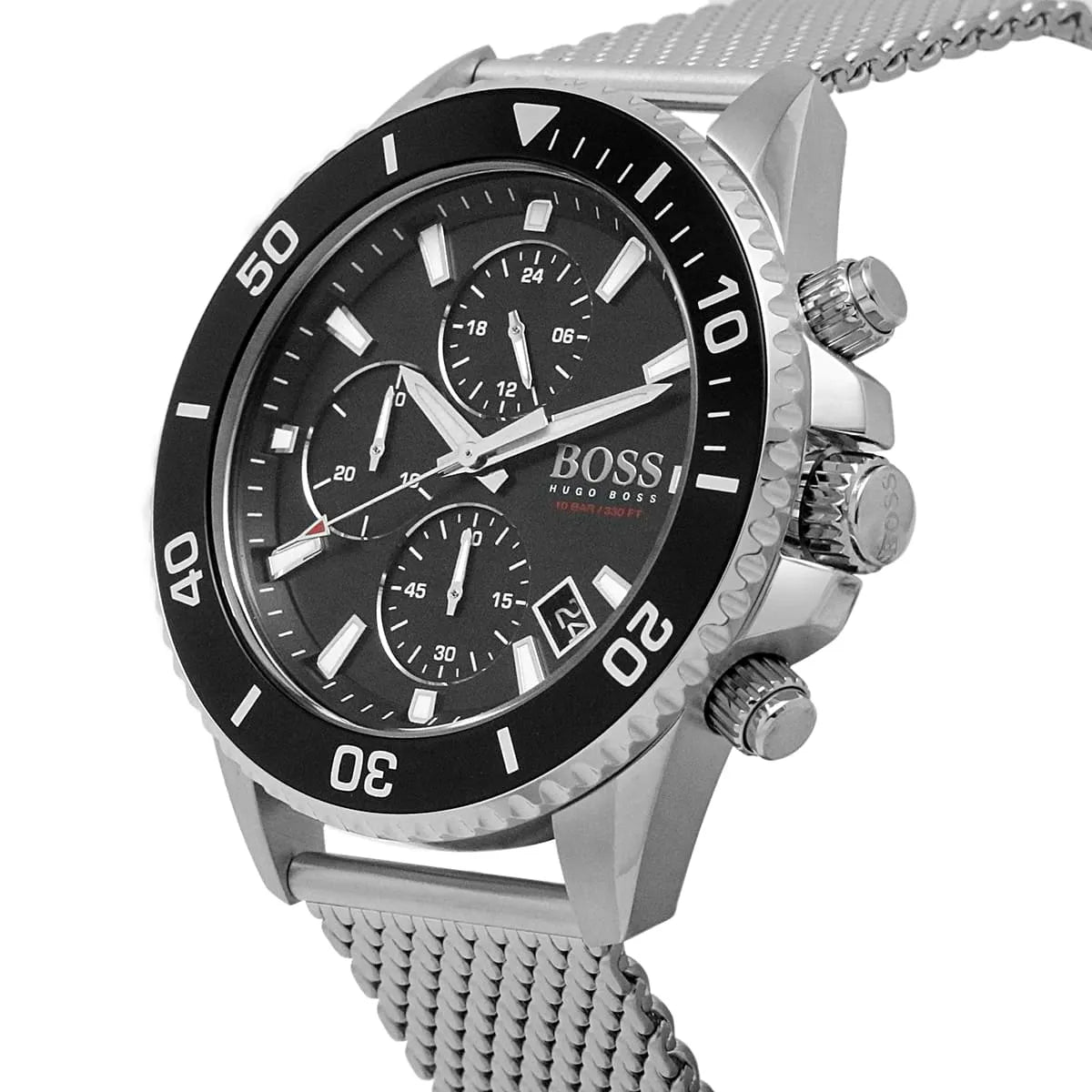 Left angled view of Hugo Boss Admiral 1513904 men's quartz battery watch showing silver mesh strap and stealth silver case profile