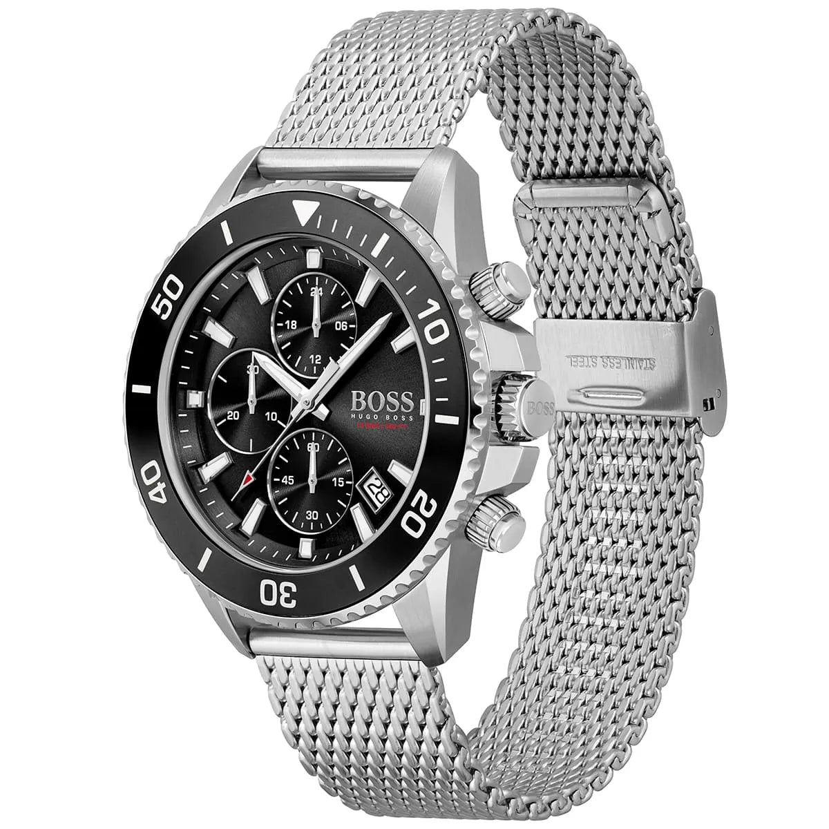 Right angled view of Hugo Boss Admiral 1513904 men's quartz battery watch highlighting silver finish and black bezel details