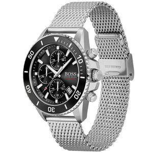 Right angled view of Hugo Boss Admiral 1513904 men's quartz battery watch highlighting silver finish and black bezel details