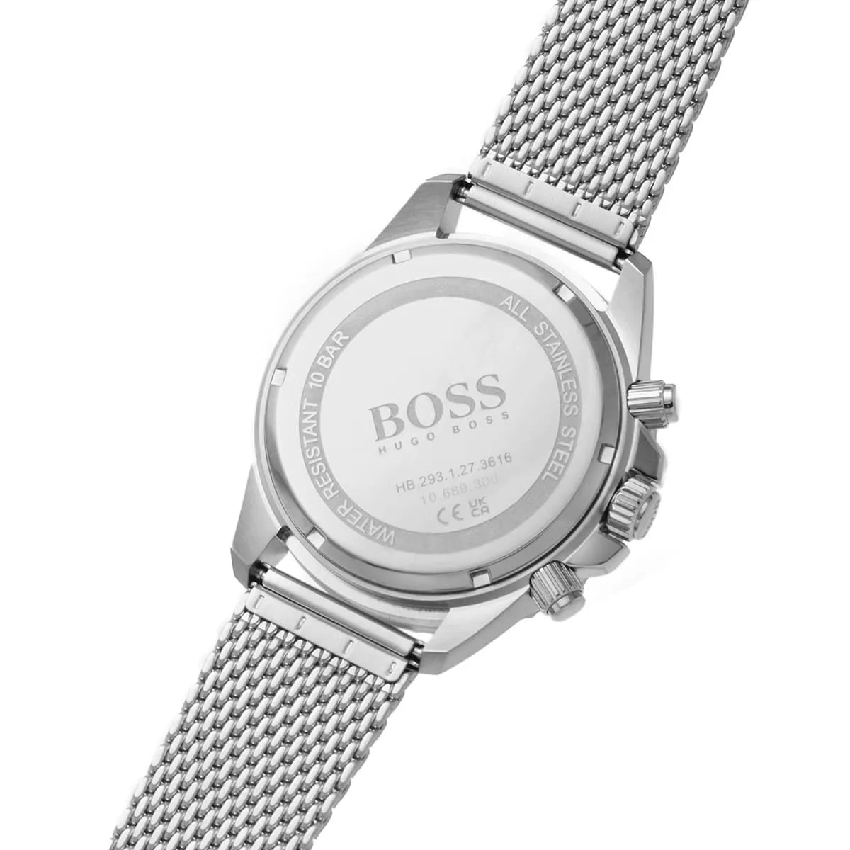 Caseback of Hugo Boss Admiral 1513904 men's quartz battery watch showing technical specs 100m water resistance and metal strap