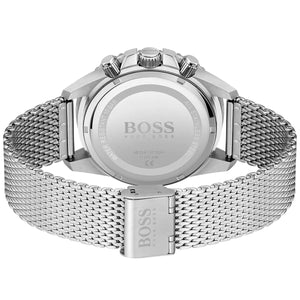 Caseback of Hugo Boss Admiral 1513904 men's quartz battery watch showing technical specs 100m water resistance and metal strap