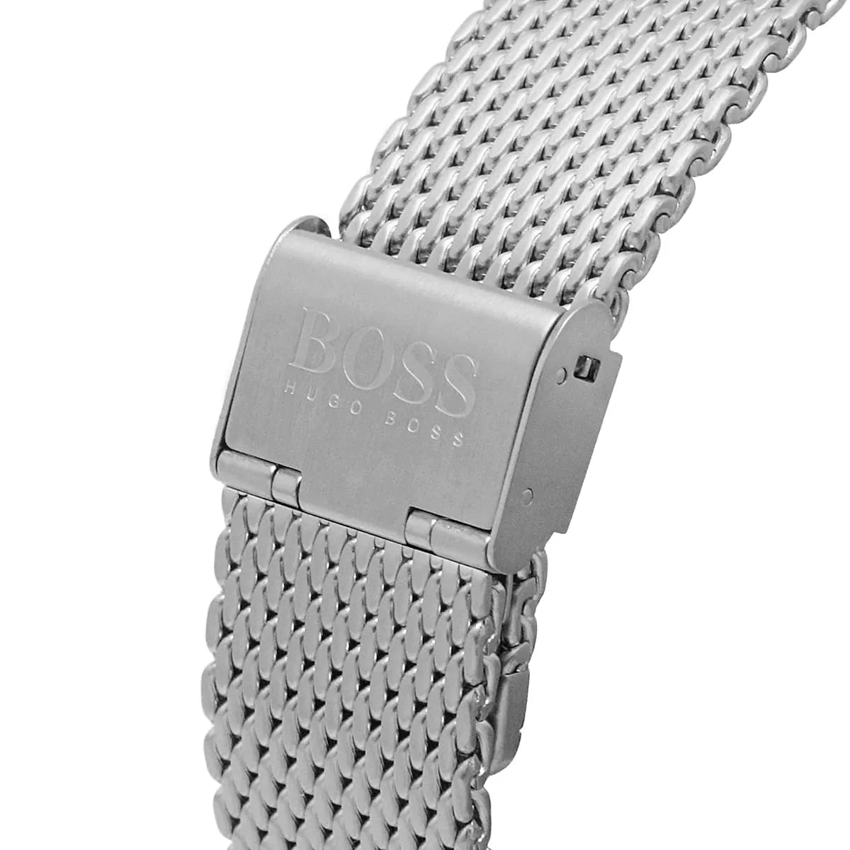 Silver-tone deployment buckle on Hugo Boss Admiral 1513904 men's quartz battery silver mesh strap watch