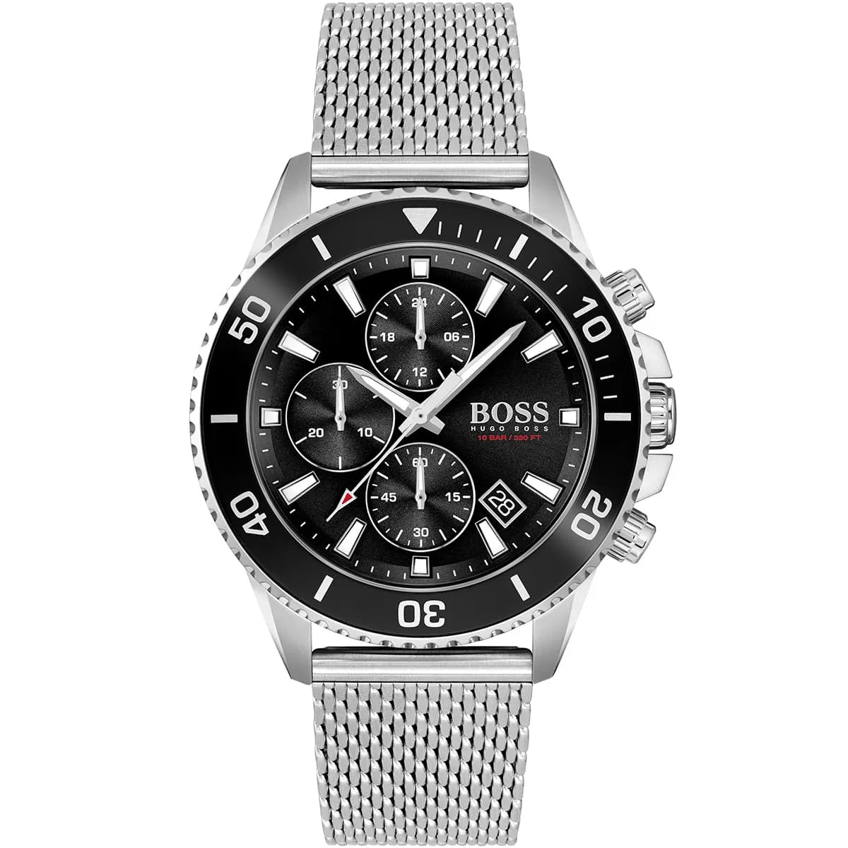 Hugo Boss Admiral 1513904 men's quartz battery watch with black sunray dial, silver-tone chronograph sub-dials, black rotating bezel, silver stainless steel mesh strap main view