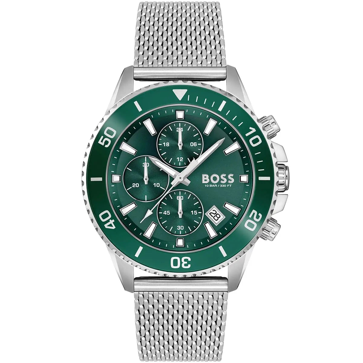 Hugo Boss Admiral 1513905 men's chronograph watch with green dial and silver mesh strap