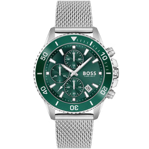Hugo Boss Admiral 1513905 men's chronograph watch with green dial and silver mesh strap
