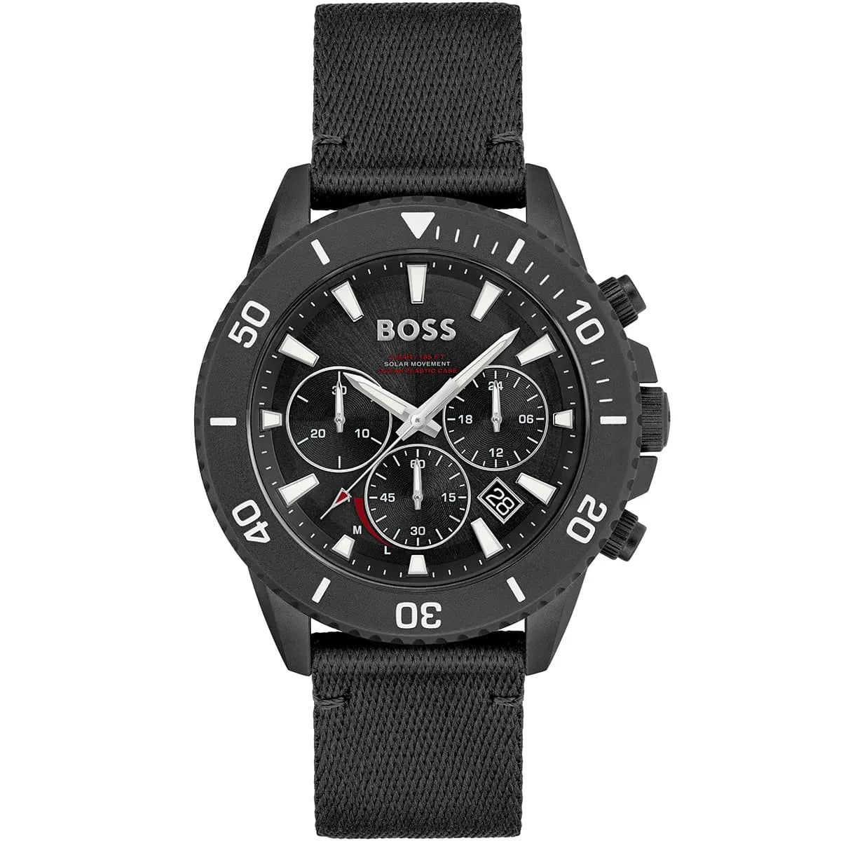 Hugo Boss Admiral 1513918 men's solar watch with black dial, recycled ocean plastic black case, black synthetic fiber strap, 50m water resistance main view