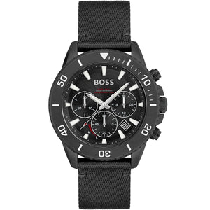 Hugo Boss Admiral 1513918 men's solar watch with black dial, recycled ocean plastic black case, black synthetic fiber strap, 50m water resistance main view