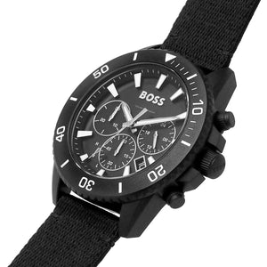 Side profile of Hugo Boss Admiral 1513918 showing 11mm thickness and matte black recycled plastic finish 50m water resistance