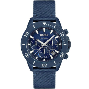 Hugo Boss Admiral 1513919 men's solar watch with blue dial, blue recycled ocean plastic case, blue synthetic fiber strap, and 50m water resistance main view