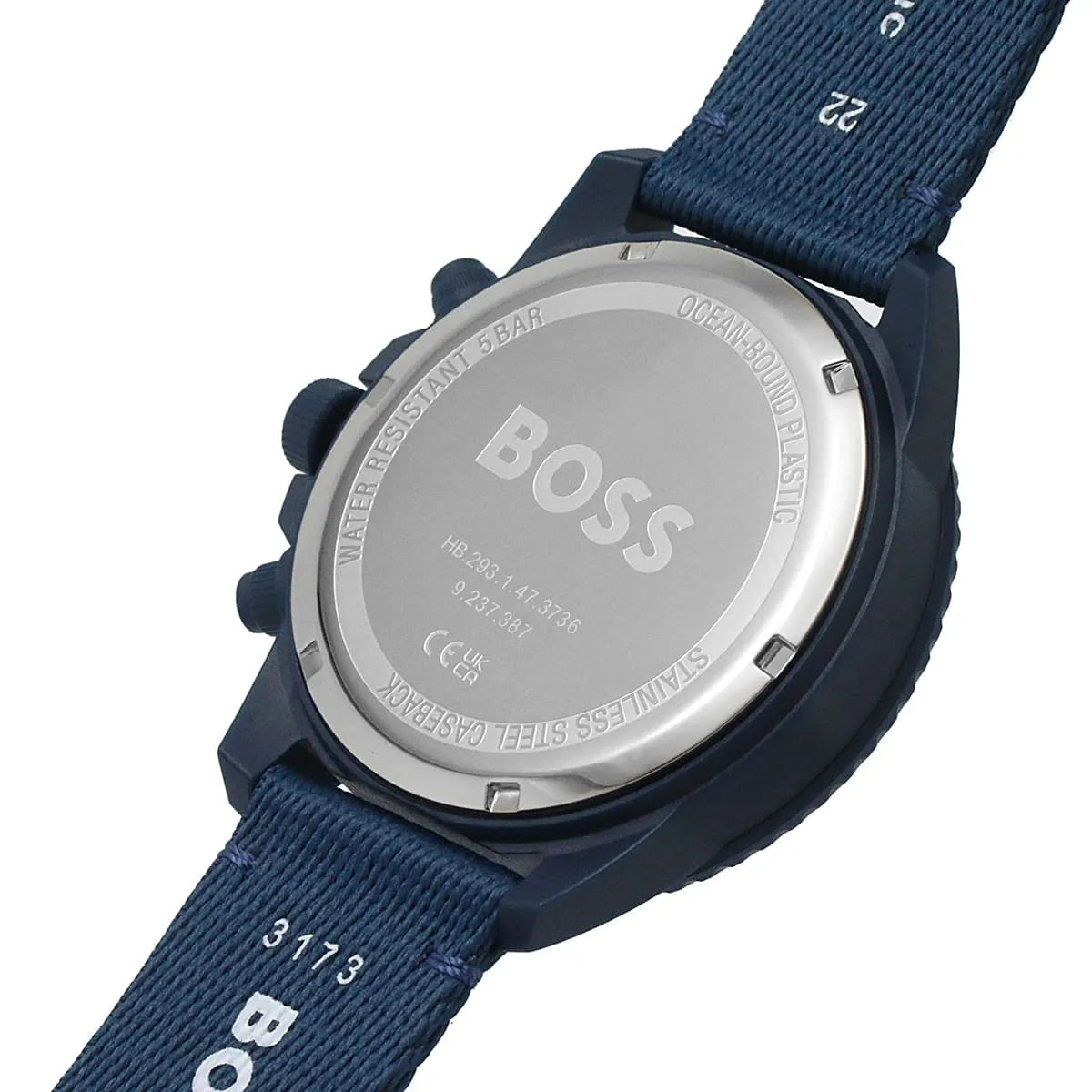 Caseback of Hugo Boss Admiral 1513919 showing technical specs for solar movement and recycled ocean plastic