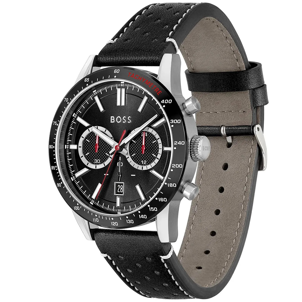 Right angled view of Hugo Boss Allure 1513920 highlighting black dial and black tachymeter bezel 50m water resistance