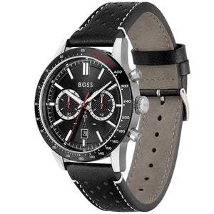 Right angled view of Hugo Boss Allure 1513920 highlighting black dial and black tachymeter bezel 50m water resistance