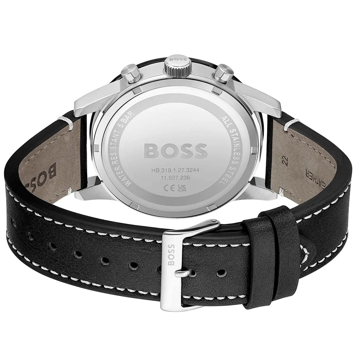 Caseback of Hugo Boss Allure 1513920 showing technical specs black dial and leather strap 50m water resistance