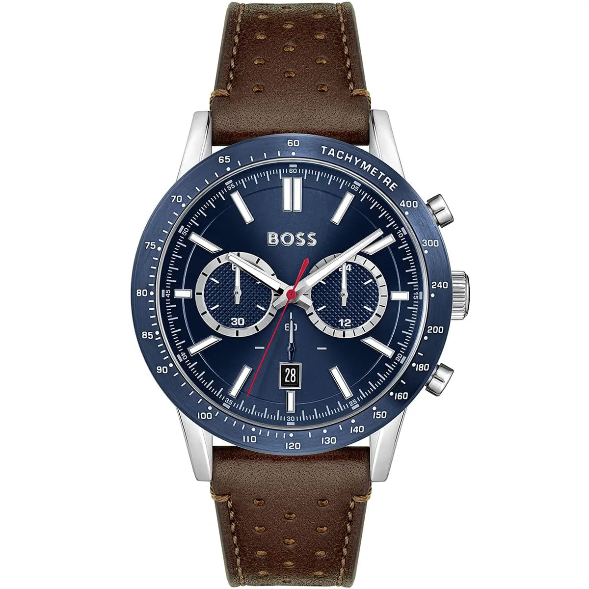 Hugo Boss Allure 1513921 men's watch with blue sunray dial, silver stainless steel case, brown perforated leather strap, and 50m water resistance main view