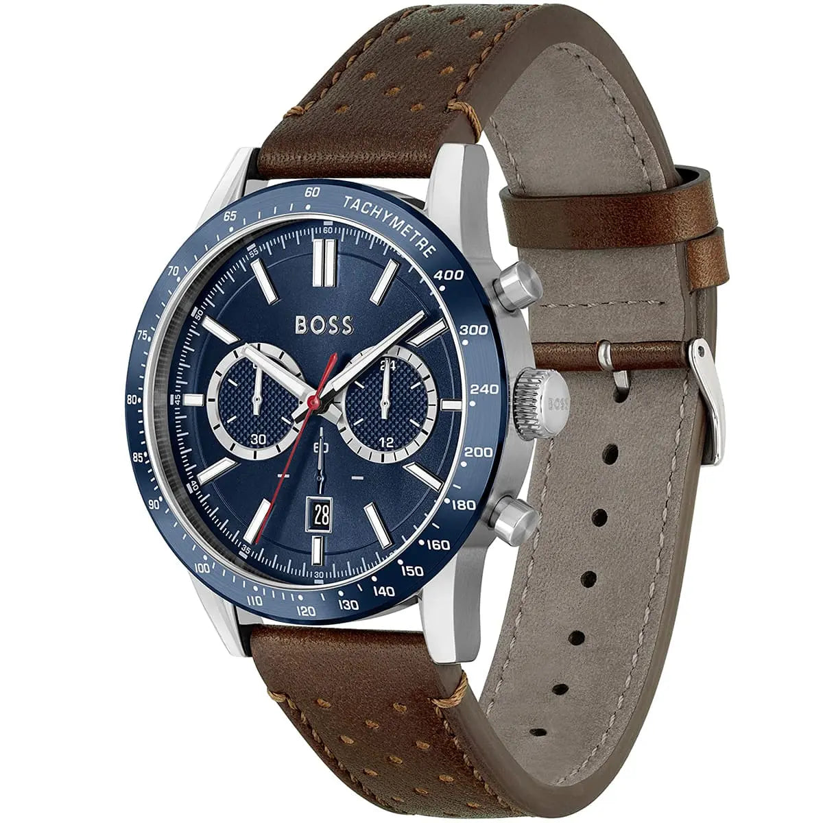 Left angled view of Hugo Boss Allure 1513921 showing blue sunray dial detail and brown leather strap water resistant 50m