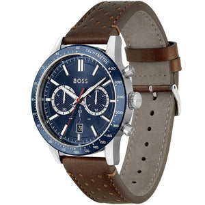 Left angled view of Hugo Boss Allure 1513921 showing blue sunray dial detail and brown leather strap water resistant 50m