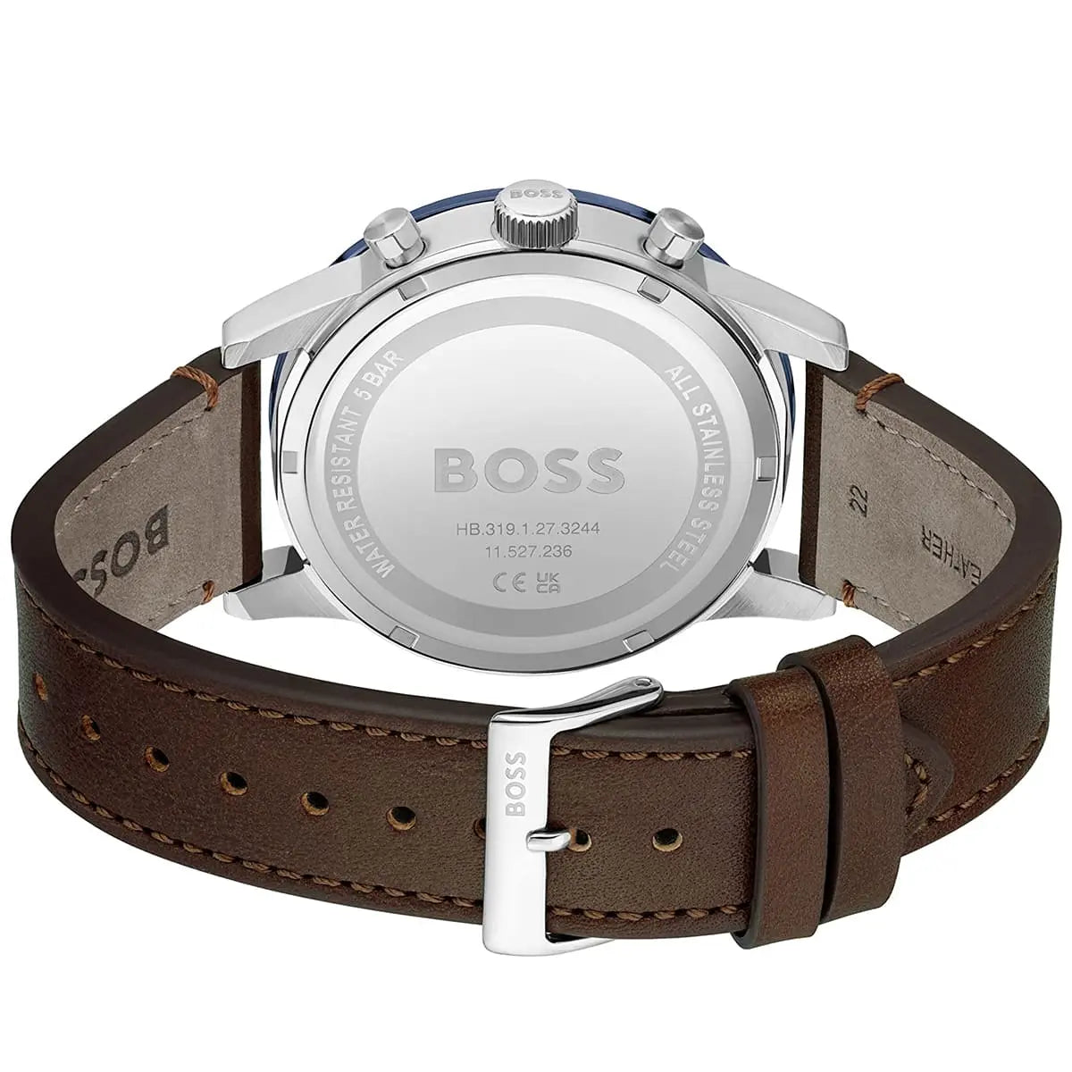 Caseback of Hugo Boss Allure 1513921 showing technical specs blue dial and leather strap 50m water resistance