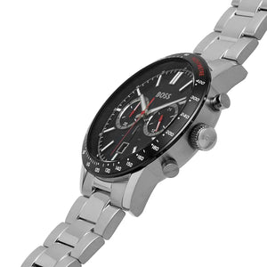 Left angled view of Hugo Boss Allure 1513922 showing black dial detail and silver link bracelet water resistant 50m