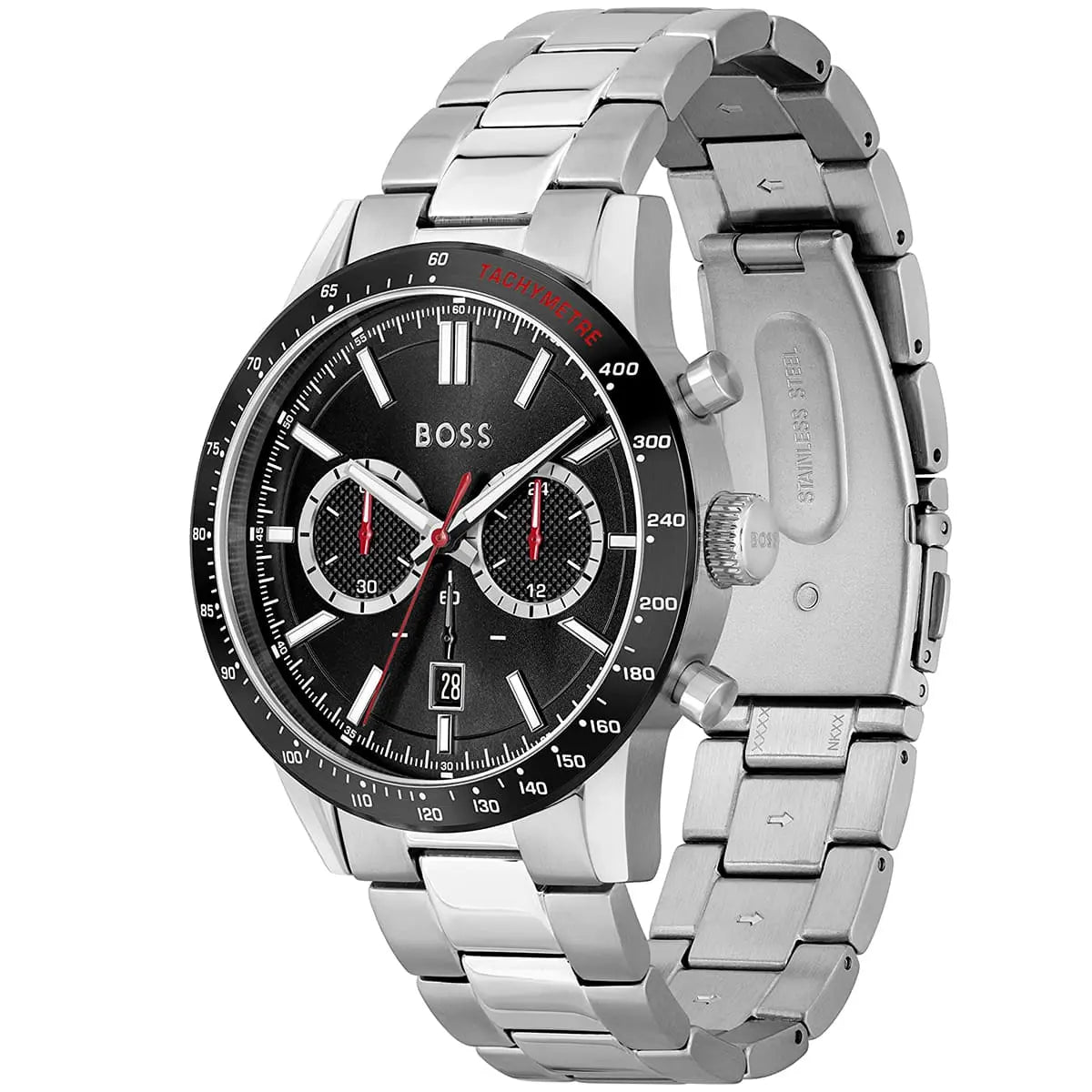 Right angled view of Hugo Boss Allure 1513922 highlighting black dial and black tachymeter bezel 50m water resistance