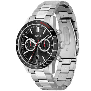 Right angled view of Hugo Boss Allure 1513922 highlighting black dial and black tachymeter bezel 50m water resistance