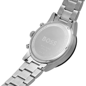 Caseback of Hugo Boss Allure 1513922 showing technical specs black dial and silver metal strap 50m water resistant