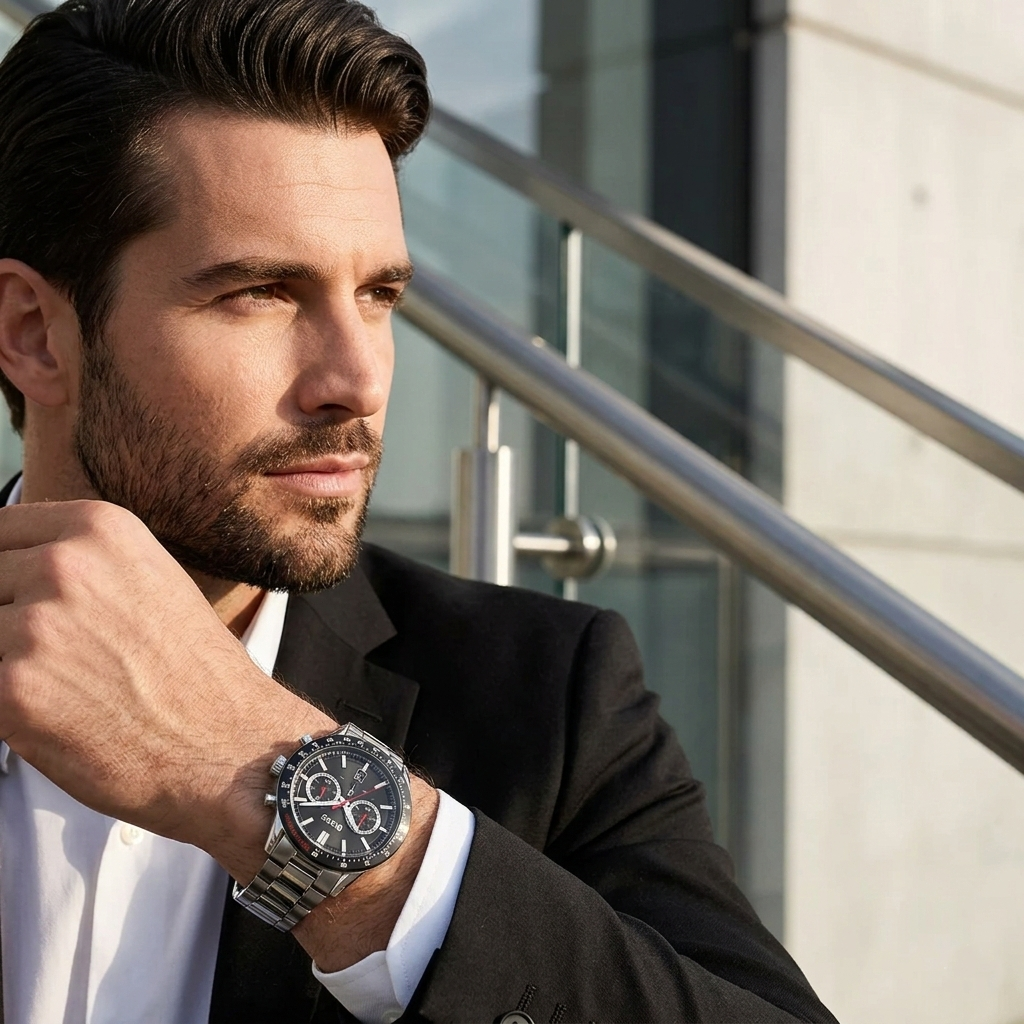 Professional man wearing Hugo Boss Allure 1513922 with black dial and silver metal strap water resistant 50m
