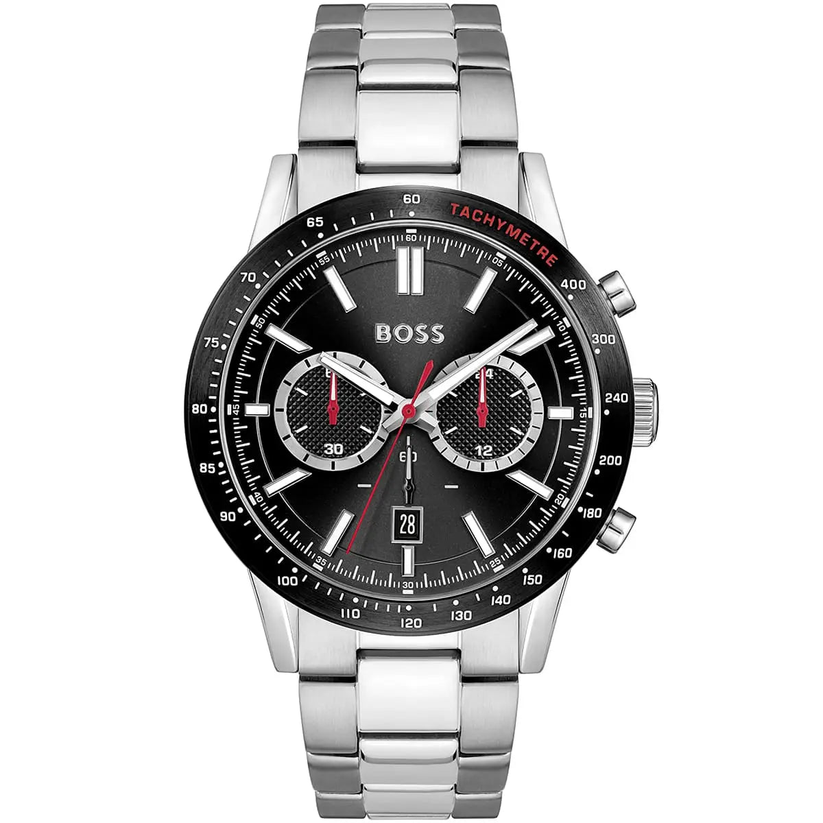 Hugo Boss Allure 1513922 men's watch with black dial, silver metal strap, and 50m water resistance main view
